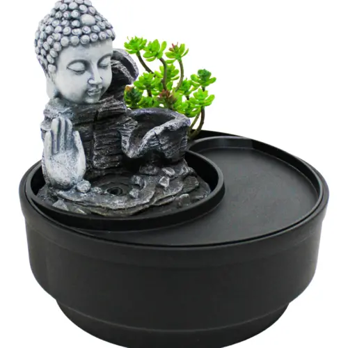 Fuente de poliresina con buda y árbol de 21x21x21cm