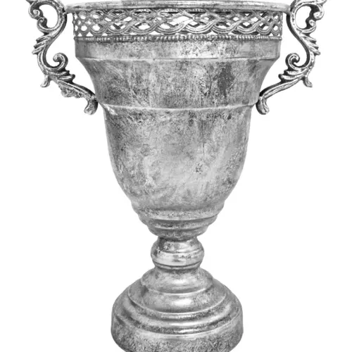 Maceta de metal plateada diseño copa calada con asas de 25×41.5cm