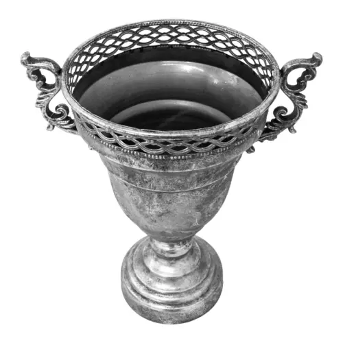 Maceta de metal plateada diseño copa calada con asas de 25×41.5cm