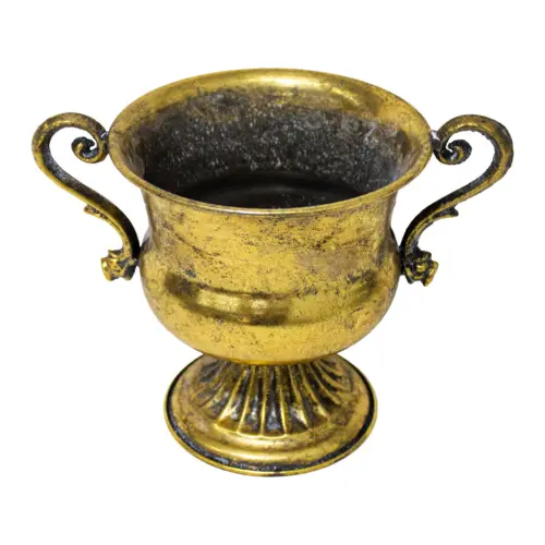 Maceta de metal dorada diseño copa con asas de 16x17cm