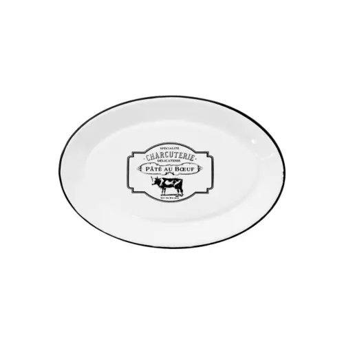 Plato oval de peltre blanco c/estampado vaca diseño francés de 28x17x3cm