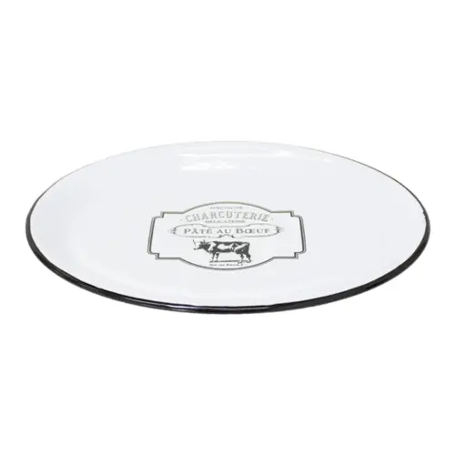 Plato oval de peltre blanco c/estampado vaca diseño francés de 32x22x2.5cm
