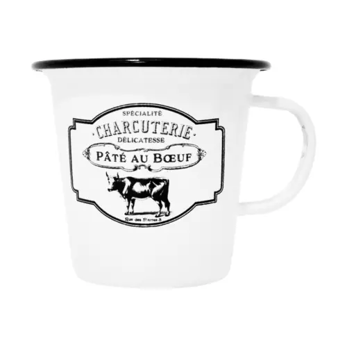 Taza de peltre blanca c/estampado vaca diseño francés de 11x11x10cm