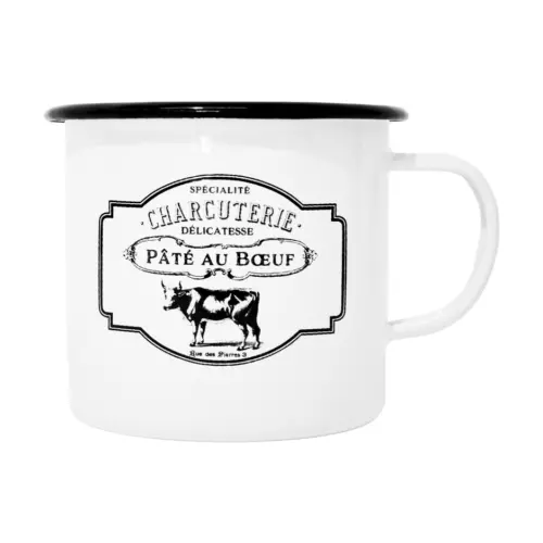 Taza de peltre blanca c/estampado vaca diseño francés de 11x11x10cm