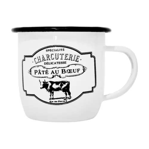 Taza de peltre blanca c/estampado vaca diseño francés de 9x9x8.5cm