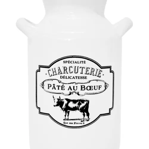 Bote de leche de peltre blanco c/estampado vaca diseño francés de 15x12x20cm