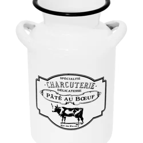 Bote de leche de peltre blanco c/estampado vaca diseño francés de 15x12x20cm