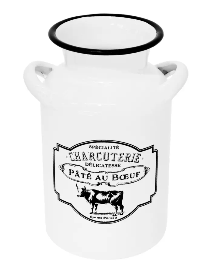 Bote de leche de peltre blanco c/estampado vaca diseño francés de 15x12x20cm - Image 2