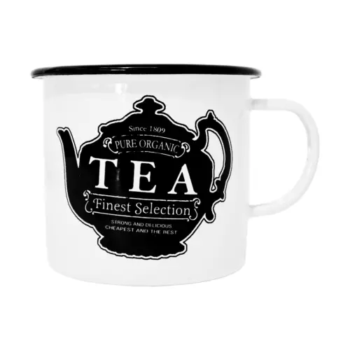 Taza de peltre blanca estampado de tetera y texto TEA de 11x11x10cm