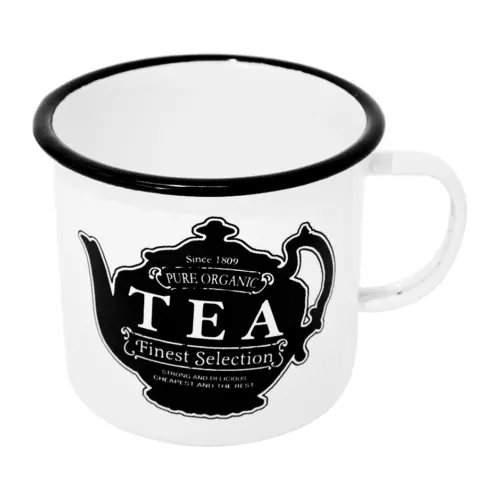 Taza de peltre blanca estampado de tetera y texto TEA de 11x11x10cm