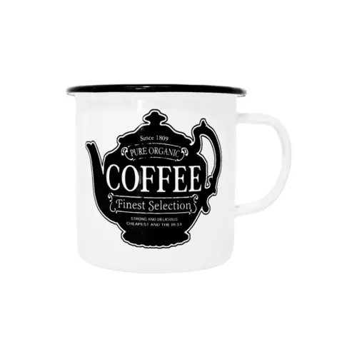 Taza de peltre blanca estampado de cafetera y texto COFFE de 9x9x8.5cm