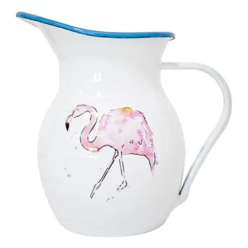 Jarra de peltre blanca con estampado de flamingo de 12x12x18cm
