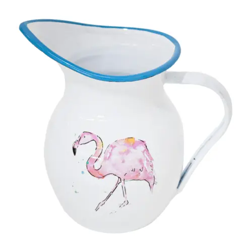 Jarra de peltre blanca con estampado de flamingo de 12x12x18cm