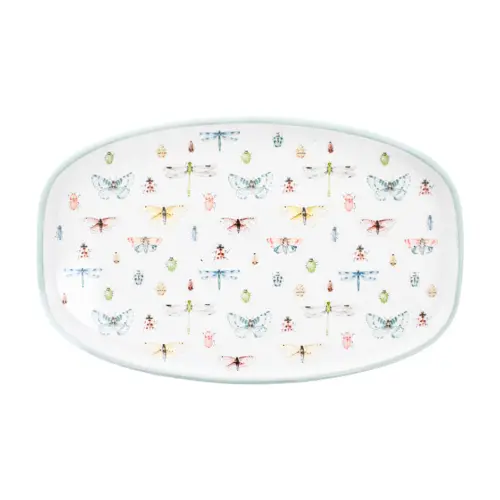 Charola rectangular de peltre blanca estampado insectos de 37.5x23x2.5cm