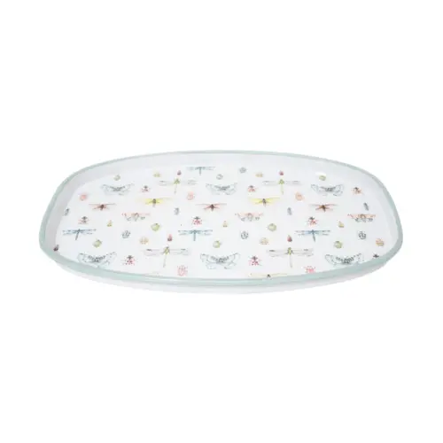 Charola rectangular de peltre blanca estampado insectos de 37.5x23x2.5cm