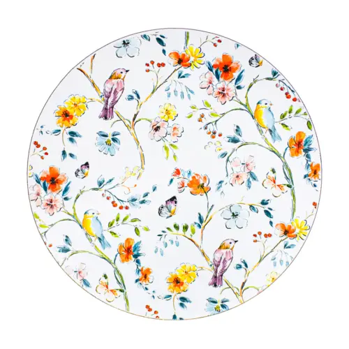 Plato de peltre blanco diseño flores y pajaros de 27x27cm