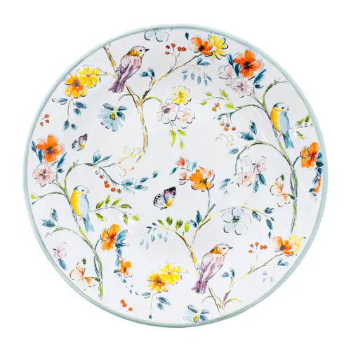 Plato sopero de peltre blanco diseño flores y pajaros de 24x24x3cm