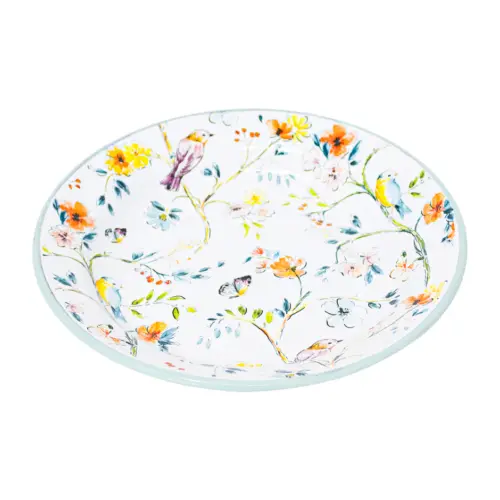 Plato sopero de peltre blanco diseño flores y pajaros de 24x24x3cm
