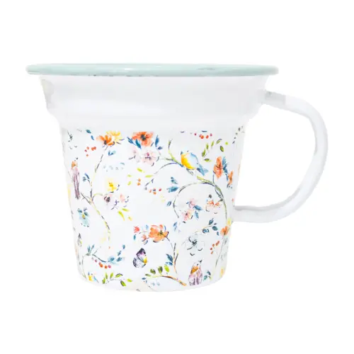 Taza de peltre blanca estampado flores de 10.5×10.5x9cm