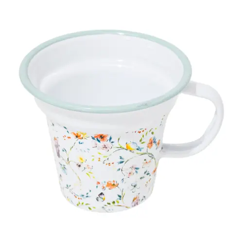 Taza de peltre blanca estampado flores de 10.5×10.5x9cm