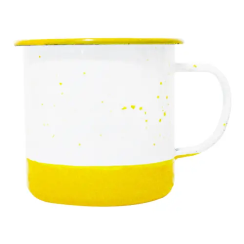 Taza de peltre amarillo con blanco y puntos de 10x10x9.5cm