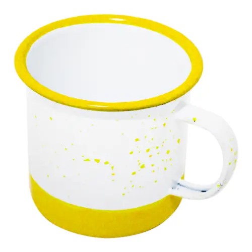 Taza de peltre amarillo con blanco y puntos de 10x10x9.5cm