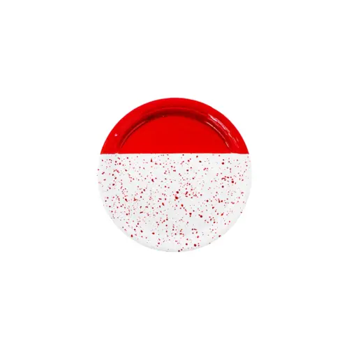 Plato de peltre rojo con blanco y puntos de 16x16x1.5cm