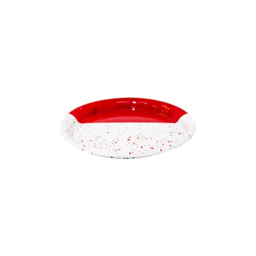 Plato de peltre rojo con blanco y puntos de 16x16x1.5cm
