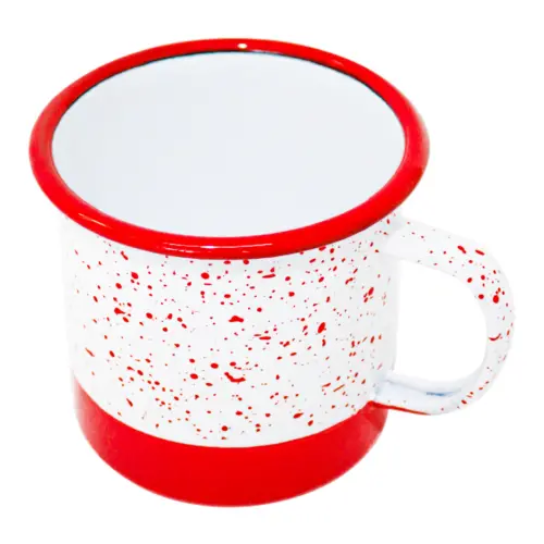 Taza de peltre rojo con blanco y puntos de 10x10x9.5cm