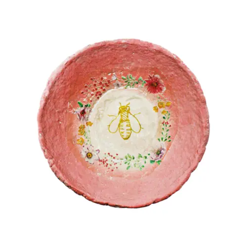 Bowl de poliresina rosa con flores de 21x21x8cm