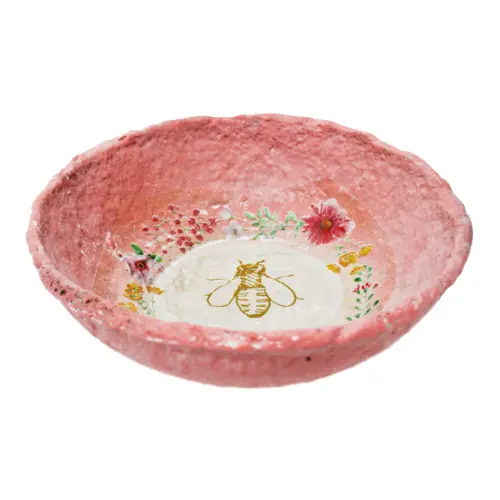 Bowl de poliresina rosa con flores de 21x21x8cm