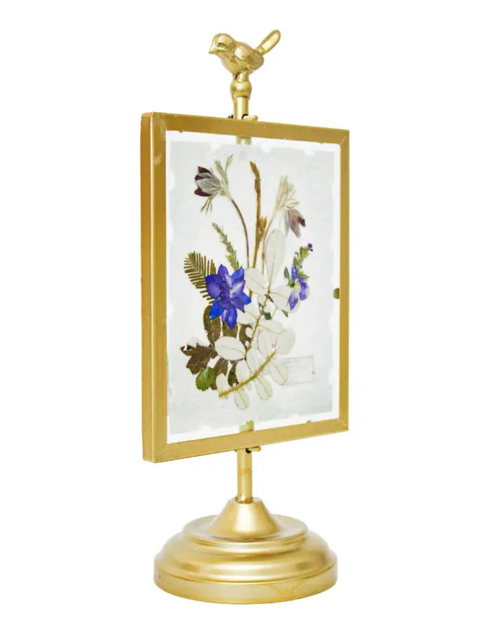 Marco dorado de metal con pintura de flores moradas de 18x12.5x36cm - Image 3