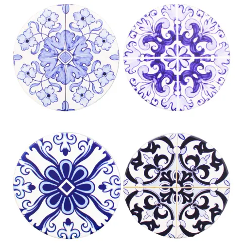 Juego de 4 portavasos redondos estampado de mosaicos azules de 9x9cm