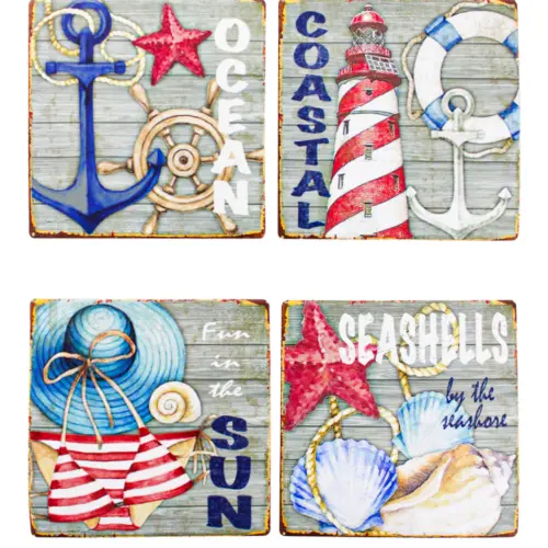 Juego de 4 portavasos cuadrados con estampado marinos de 10x10cm