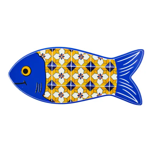 Portacaliente diseño pez azul y mosaicos amarillos de 80×30