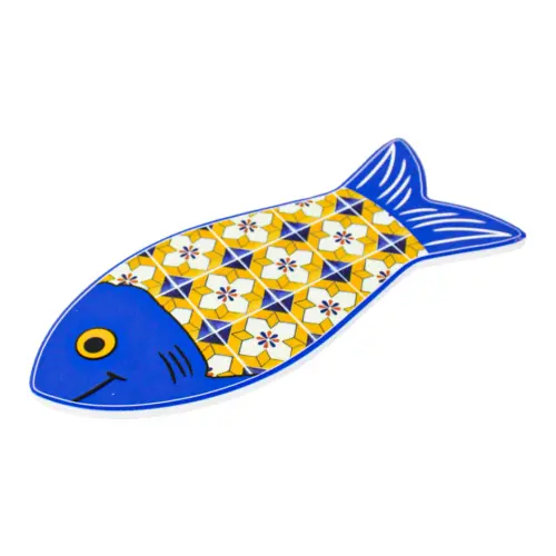 Portacaliente diseño pez azul y mosaicos amarillos de 80×30