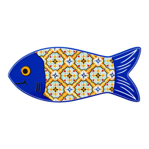 Portacaliente diseño pez azul con mosaico floreado de 80×30