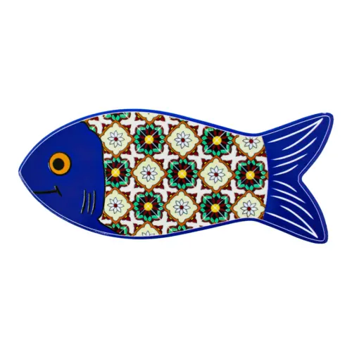 Portacaliente diseño pez azul con mosaico rojo con verde de 80×30