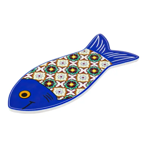 Portacaliente diseño pez azul con mosaico rojo con verde de 80×30