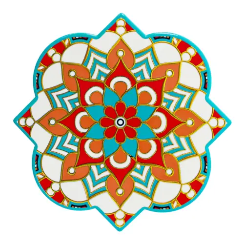 Portacaliente diseño mandala de color verde con rojo de 20x20cm