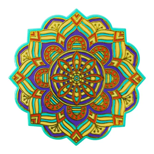 Portacaliente diseño mandala amarillo con morado de 20×20