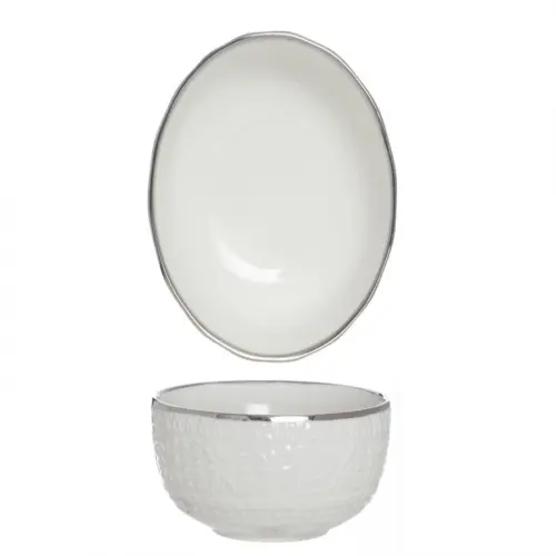 Tazon de cerámica blanco con orilla plateada de 15.2×15.2×6.5cm