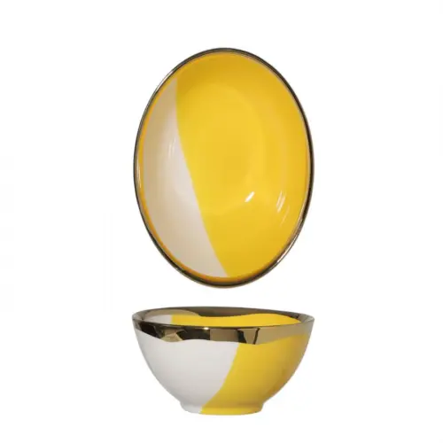 Tazon de porcelana amarilla con blanco y orilla dorada de 14x14x5.5cm
