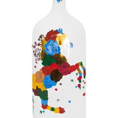 Florero de porcelana diseño botella blanca con caballo de colores de 17×8.7×43.5cm