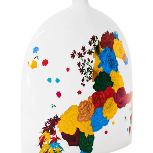 Florero de porcelana diseño botella blanca con caballo de colores de 25.8x8x30cm