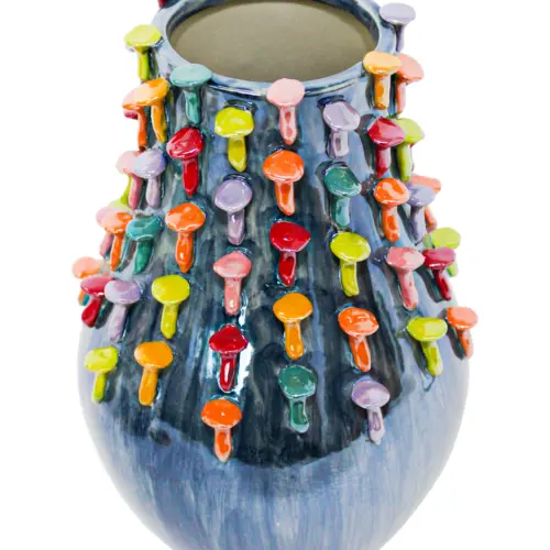 Jarrón azul diseño hongos de colores de 18.7×18.7x28cm