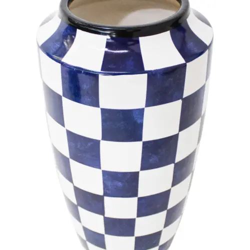 Jarrón de porcelana diseñó ajedrez blanco con azul marino de 17x17x33cm