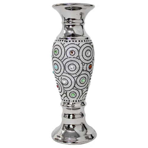 Candelabro de porcelana plateado con incrustaciones de cristales brillosos de 9.8×9.8x25cm