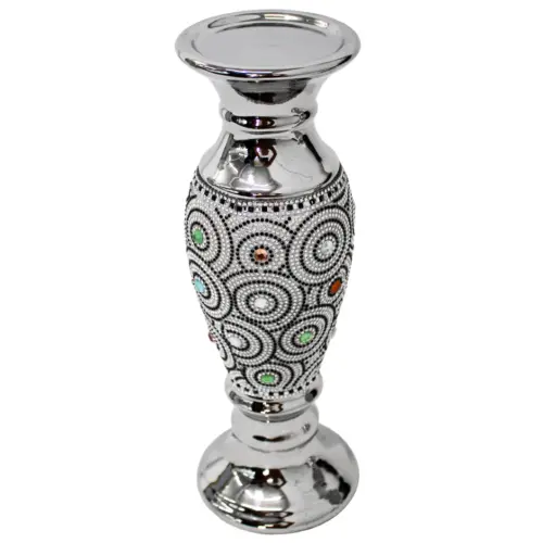 Candelabro de porcelana plateado con incrustaciones de cristales brillosos de 9.8×9.8x25cm