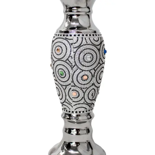 Candelabro de porcelana plateado con incrustaciones de cristales brillosos de 10.5×10.5x30cm